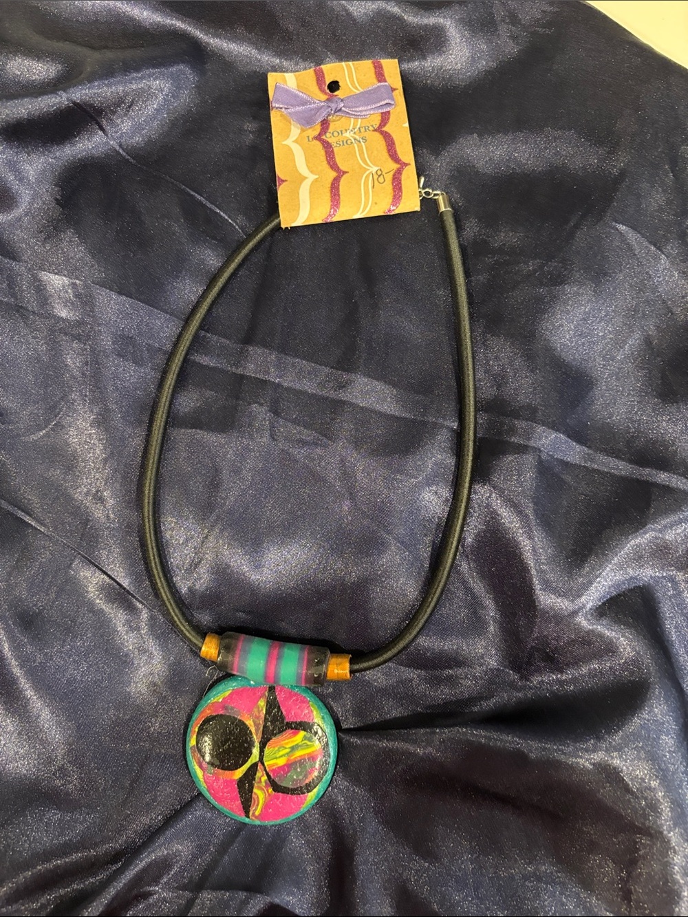 Colorful Hand-Painted Round Pendant Necklace in Pink, Green & Gold